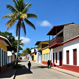Caribbean Holidays, Haiti Walking Holidays, Colourful Haitian coastal town near a walking route, with palm trees, traditional buildings and walkers exploring the streets