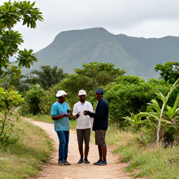 Caribbean Holidays, Haiti Walking Holidays, Friendly local guide talking with walkers beside a Haitian trail, with mountains and tropical greenery in the background