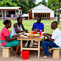 Caribbean Holidays, Haiti Walking Holidays, Friendly travellers sharing a simple meal with Haitian hosts after a countryside walk, with local food, colourful market produce and a relaxed atmosphere