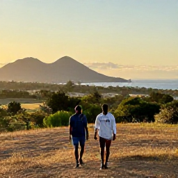 Caribbean Holidays, Haiti Walking Holidays, Friendly walkers enjoying a peaceful Haitian landscape at sunset, mountains and Caribbean coast in the background