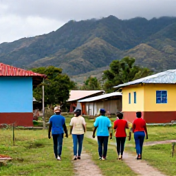 Caribbean Holidays, Haiti Walking Holidays, Friendly walkers sharing a simple meal with local hosts in a Haitian village, with colourful buildings and mountain scenery