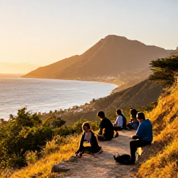 Caribbean Holidays, Haiti Walking Holidays, Golden evening light over Haiti's mountains and coastline, with walkers resting after a day on the trail