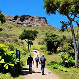 Caribbean Holidays, Haiti Walking Holidays, Green Haitian mountain trail with a local guide and walkers, tropical trees, rocky hillside and clear blue sky