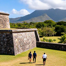 Caribbean Holidays, Haiti Walking Holidays, Hikers exploring a historic Haitian citadel near the mountains, with stone walls and tropical countryside beyond