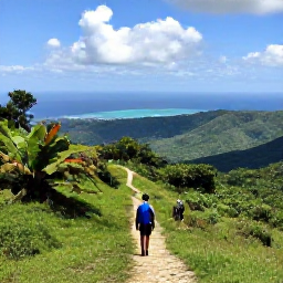 Caribbean Holidays, Haiti Walking Holidays, Hikers following a scenic trail through Haiti's green mountain landscape in April, with tropical vegetation and distant Caribbean views