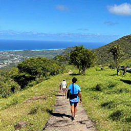 Caribbean Holidays, Haiti Walking Holidays, Hikers following a scenic trail through Haiti's green mountain landscape with distant Caribbean views