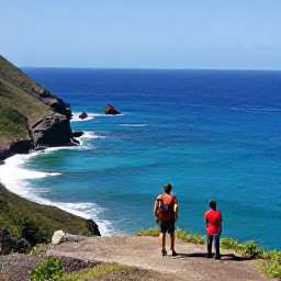 Caribbean Holidays, Haiti Walking Holidays, Hikers reaching a viewpoint above Haiti's coastline, looking across blue Caribbean water and rocky coves