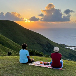 Caribbean Holidays, Haiti Walking Holidays, Hikers resting beside a Caribbean viewpoint in Haiti at sunset, with green hills, blue sea and a simple picnic