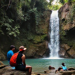 Caribbean Holidays, Haiti Walking Holidays, Hikers resting beside a scenic waterfall in Haiti, with tropical foliage, rocky pools and soft afternoon light