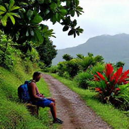 Caribbean Holidays, Haiti Walking Holidays, Hikers resting beside a shaded trail in Haiti, with backpacks, tropical plants and mountain scenery after a light summer shower