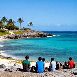 Caribbean Holidays, Haiti Walking Holidays, Hikers resting on a scenic Haitian coastline in March, turquoise Caribbean water, rocky shore and palm trees