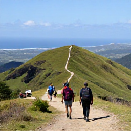 Caribbean Holidays, Haiti Walking Holidays, Hikers walking along a scenic mountain trail in Haiti in warm February sunshine, with green hills and distant Caribbean views