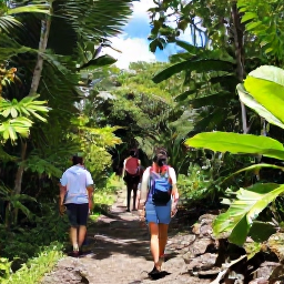 Caribbean Holidays, Haiti Walking Holidays, Hikers walking along a shaded forest path in Haiti, with tropical plants, rocky ground and glimpses of blue sky