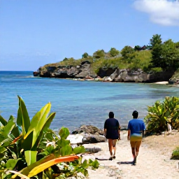 Caribbean Holidays, Haiti Walking Holidays, Hikers walking beside a peaceful Haitian coastline, with tropical plants, clear water and rocky headlands
