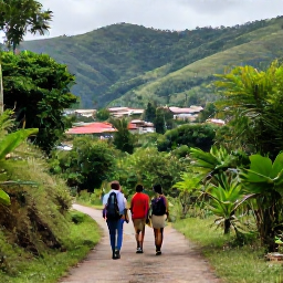 Caribbean Holidays, Haiti Walking Holidays, Hikers walking with a local guide along a lush Haitian mountain path, with village rooftops and tropical hills in the background
