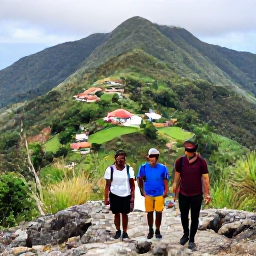 Caribbean Holidays, Haiti Walking Holidays, Hikers walking with a local guide along a rocky mountain path above Haiti, surrounded by lush hills and small rural settlements