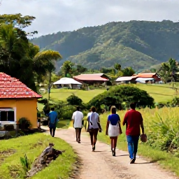 Caribbean Holidays, Haiti Walking Holidays, Local Haitian guide leading walkers along a hillside path above a rural village, with mountains and Caribbean scenery