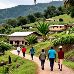 Caribbean Holidays, Haiti Walking Holidays, Local Haitian guide walking with visitors through a rural mountain village, surrounded by small farms, tropical greenery and welcoming residents