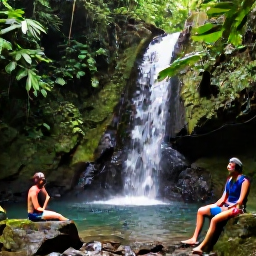 Caribbean Holidays, Haiti Walking Holidays, Travellers resting beside a clear mountain waterfall in Haiti, with wet tropical forest, rocks and bright green foliage around them
