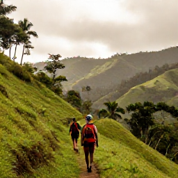 Caribbean Holidays, Haiti Walking Holidays, Travellers walking along a green mountain trail in Haiti during the June rainy season, with tropical hills and warm cloudy light