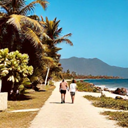 Caribbean Holidays, Haiti Walking Holidays, Travellers walking along a quiet coastal path in Haiti in warm March sunshine, with tropical vegetation and distant mountains