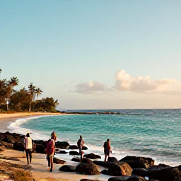 Caribbean Holidays, Haiti Walking Holidays, Travellers walking beside a quiet Haitian coastline in February, with turquoise sea, rocky shoreline and warm afternoon light