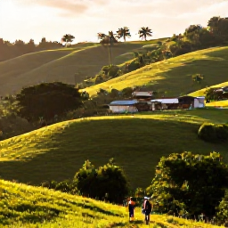 Caribbean Holidays, Haiti Walking Holidays, Travellers walking through Haiti's lush hills near a rural village, with tropical vegetation and warm afternoon light