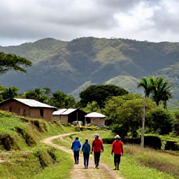 Caribbean Holidays, Haiti Walking Holidays, Walkers following a green mountain trail near a Haitian village, with tropical hills, simple houses and dramatic Caribbean scenery in October