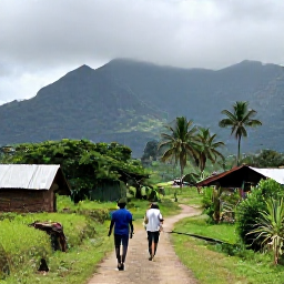 Caribbean Holidays, Haiti Walking Holidays, Walkers following a rural path through Haitian mountains, with small farms, palms and distant rugged peaks
