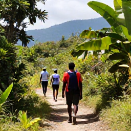 Caribbean Holidays, Haiti Walking Holidays, Walkers following a shaded forest trail in Haiti's hills, with tropical plants and distant mountain scenery