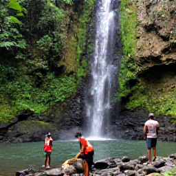 Caribbean Holidays, Haiti Walking Holidays, Walkers pausing beside a waterfall near Jacmel, Haiti, surrounded by tropical greenery and rocky pools