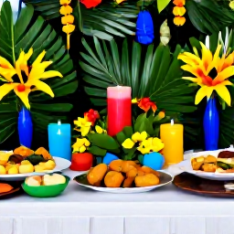 Caribbean Holidays, Haiti Weddings, A Haitian wedding table decorated with tropical flowers, candles, colourful local details and freshly prepared Caribbean food