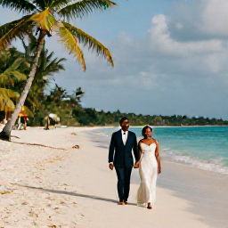 Caribbean Holidays, Haiti Weddings, A newly married couple walking along a quiet tropical beach in Haiti during warm March sunshine