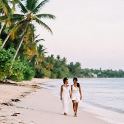 Caribbean Holidays, Haiti Weddings, A newly married couple walking beside a quiet Caribbean beach in Haiti during October, with tropical greenery and soft afternoon light