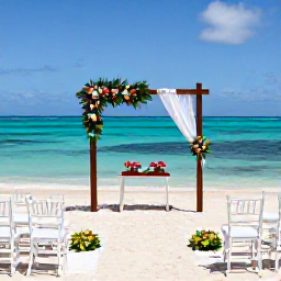 Caribbean Holidays, Haiti Weddings, A stylish Haitian beach wedding ceremony with white chairs, tropical flowers and the turquoise Caribbean Sea behind it
