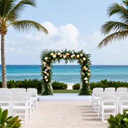 Caribbean Holidays, Haiti Weddings, A stylish outdoor wedding ceremony in Haiti with simple white chairs, tropical flowers and a view towards the Caribbean Sea