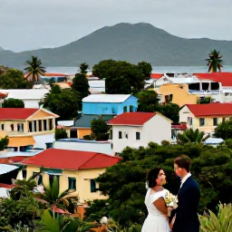 Caribbean Holidays, Haiti Weddings August, Couple exploring a colourful Haitian coastal town after their wedding, with local buildings, tropical vegetation and distant mountains
