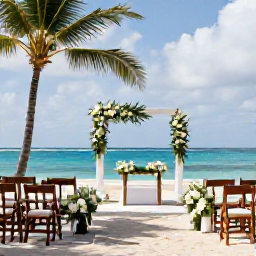 Caribbean Holidays, Haiti Weddings August, Elegant outdoor wedding ceremony on a Haitian beach, decorated with simple white flowers and wooden chairs, under a bright tropical sky