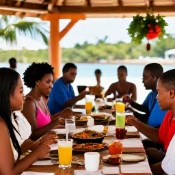 Caribbean Holidays, Haiti Weddings August, Happy wedding guests enjoying a relaxed Haitian reception with colourful local food, tropical drinks and subtle Caribbean decorations