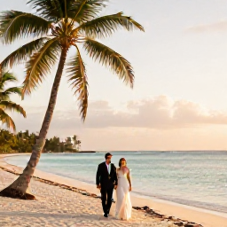 Caribbean Holidays, Haiti Weddings August, Newlyweds walking beside a tropical Haitian beach at golden hour, with palm trees, calm turquoise water and warm evening light