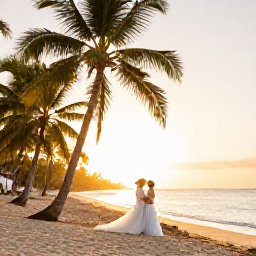 Caribbean Holidays, Haiti Weddings, Bride and groom celebrating beside a tropical beach in Haiti at sunset, with palm trees and warm golden light
