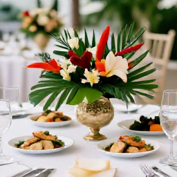 Caribbean Holidays, Haiti Weddings, Close-up of tropical wedding flowers, elegant table settings and Haitian-inspired dishes at an outdoor reception