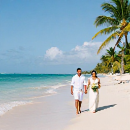Caribbean Holidays, Haiti Weddings, Couple enjoying a quiet romantic walk along a Haitian beach after their wedding, with clear water and palm trees