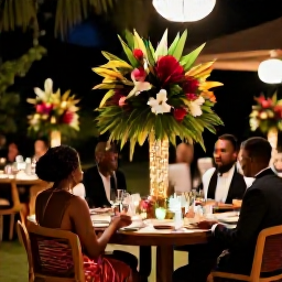 Caribbean Holidays, Haiti Weddings, Elegant outdoor wedding reception in Haiti with tropical flowers, simple tables and guests enjoying an evening celebration