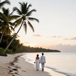 Caribbean Holidays, Haiti Weddings May, Newly married couple walking along a quiet tropical beach in Haiti at sunset, with palm trees and calm Caribbean water