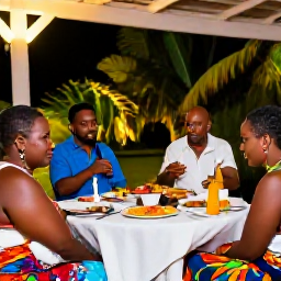 Caribbean Holidays, Haiti Weddings May, Wedding guests enjoying a relaxed Haitian reception with colourful local food, music and tropical garden lighting