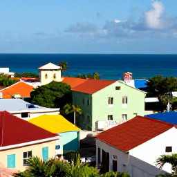 Caribbean Holidays, Haiti Weddings, Newlyweds and their guests exploring a colourful Haitian coastal town, with local architecture and the Caribbean sea in the background