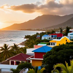 Caribbean Holidays, Haiti Weddings, Wedding guests exploring a scenic Haitian coastline near sunset, with colourful buildings, mountains and tropical vegetation