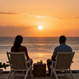Caribbean Holidays, Haiti Wellness, A calm Haitian sunset over the sea, a couple seated on a quiet terrace with warm evening light and a relaxed Caribbean holiday mood