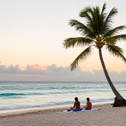 Caribbean Holidays, Haiti Wellness, A peaceful Haitian beach at sunrise in December, calm turquoise water, soft golden light, palm trees and a quiet wellness atmosphere